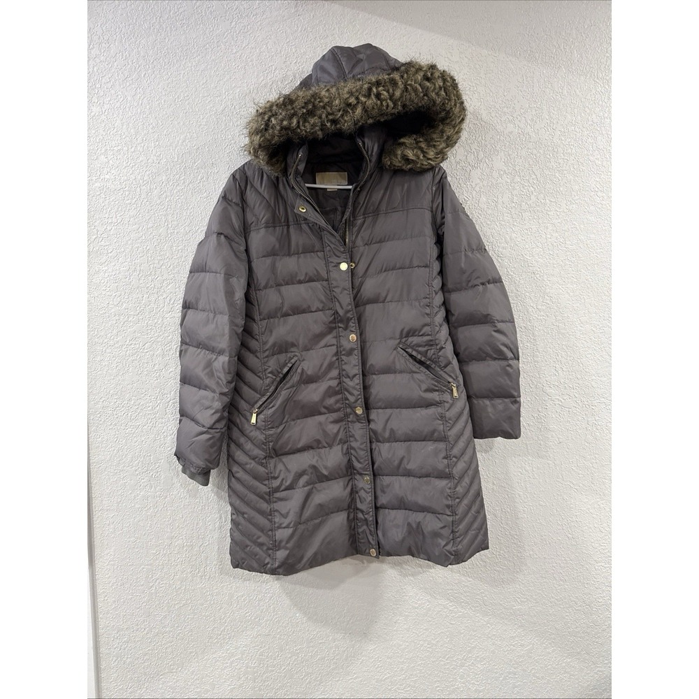 Michael Kors Womens Faux Fur Trim Hood Down Coat Gray Sz P-Large